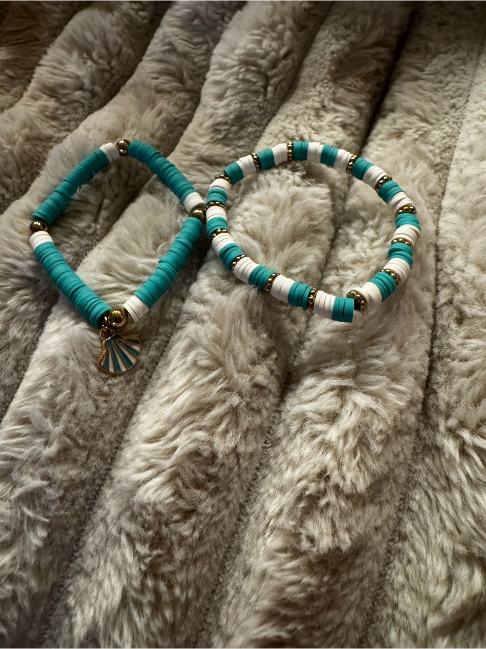 Turquoise and White Beaded Stretch Bracelets - Set of 2